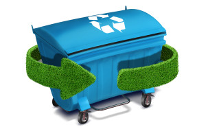Blue plastic trash recycling container ecology concept, with landscape background.